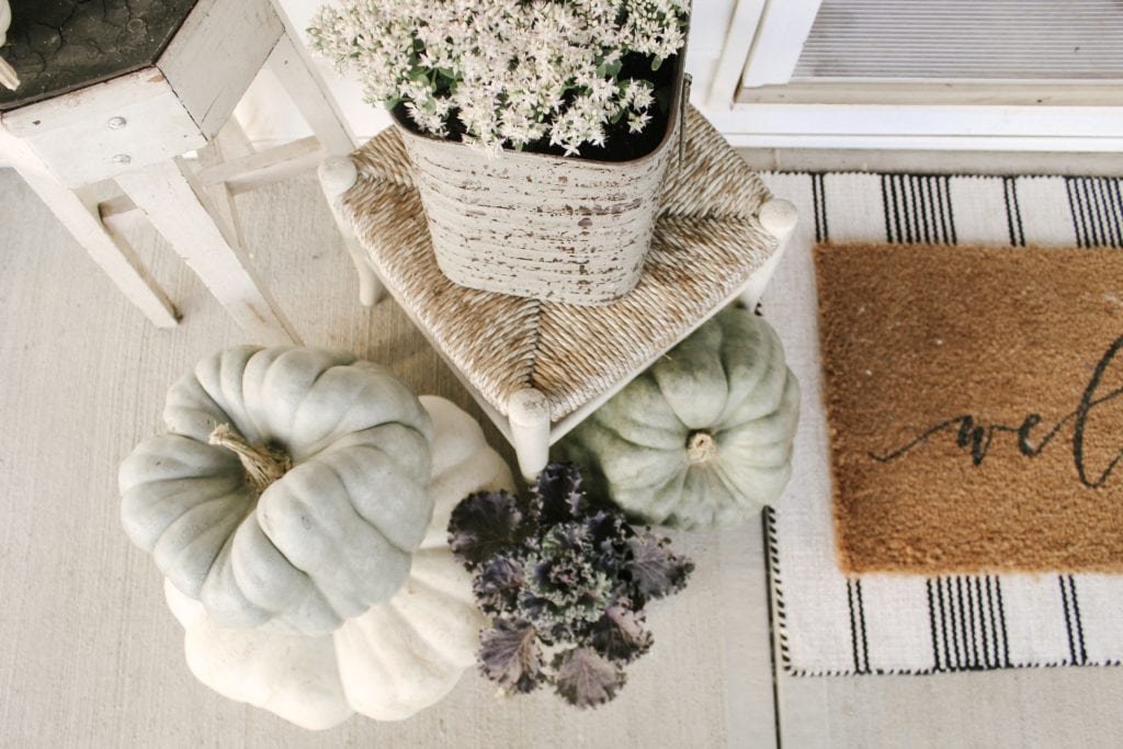 Neutral Fall Porch with Antiques Heirloom Pumpkins and Kale