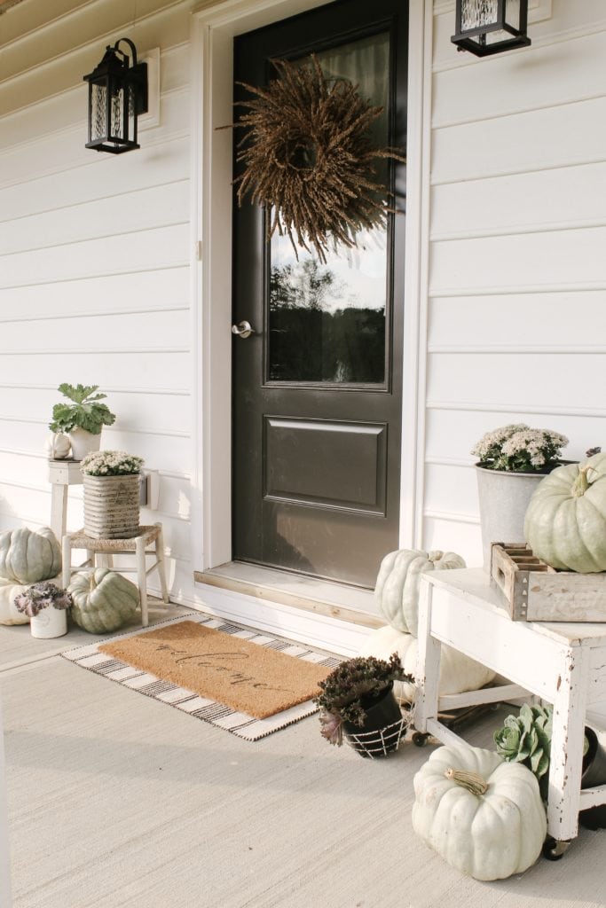 Fall Porch Decor With Neutral White Green and Blue Pumpkins