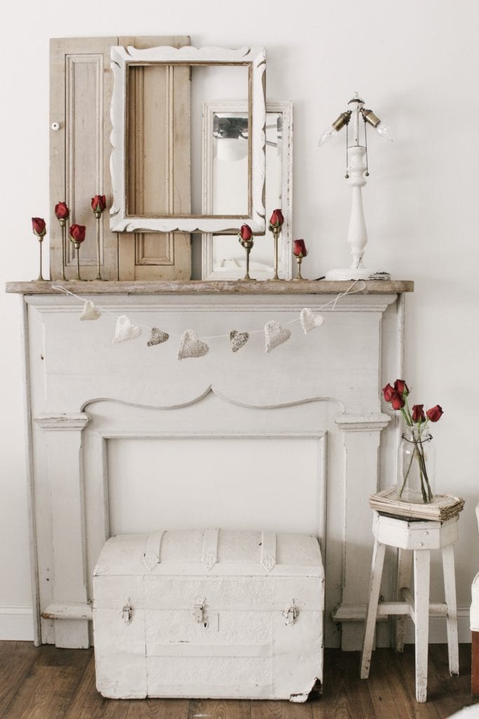 valentine's day mantel decor using antiques