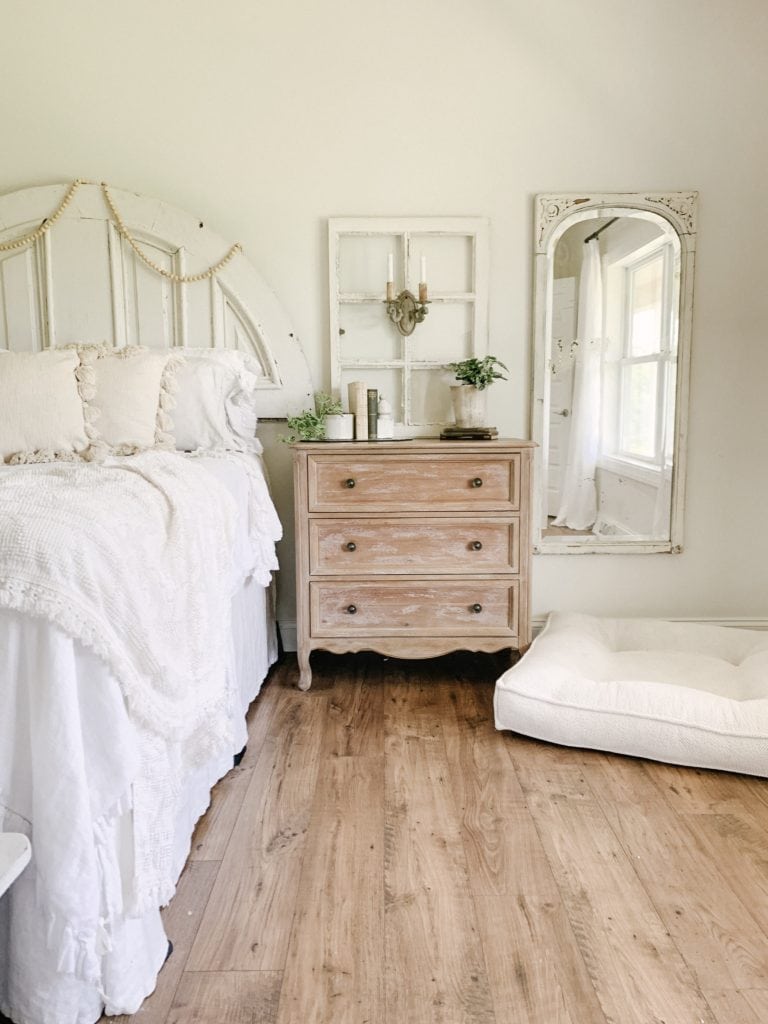 French country style bedroom woods and whites