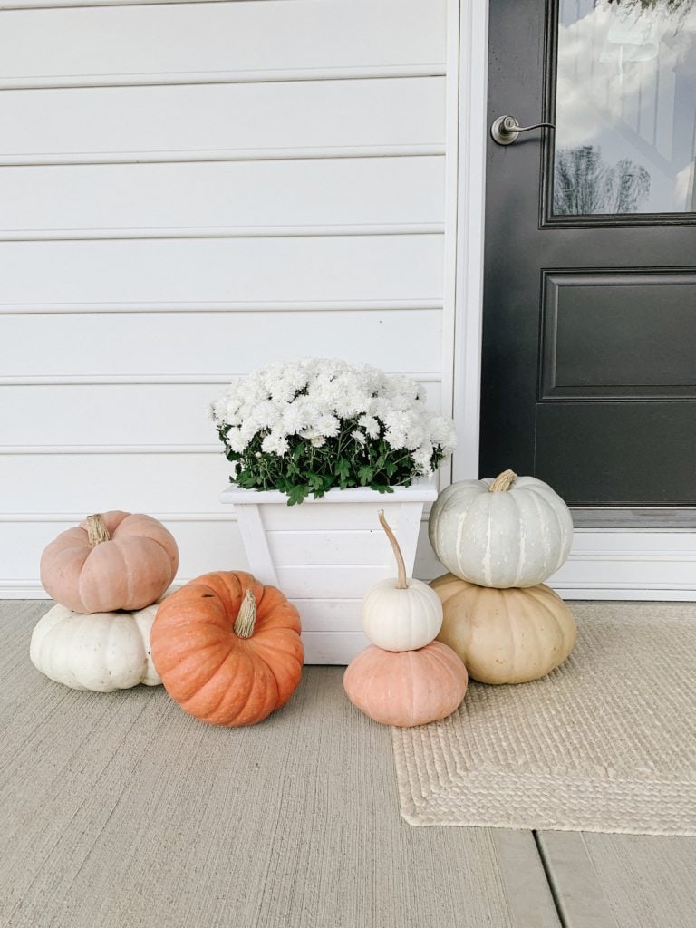 fall front porch decor with planter of mums