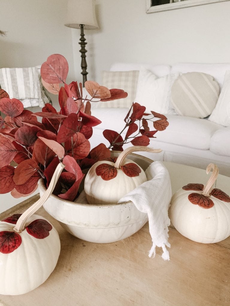 fall decor using white pumpkins in a DIY project