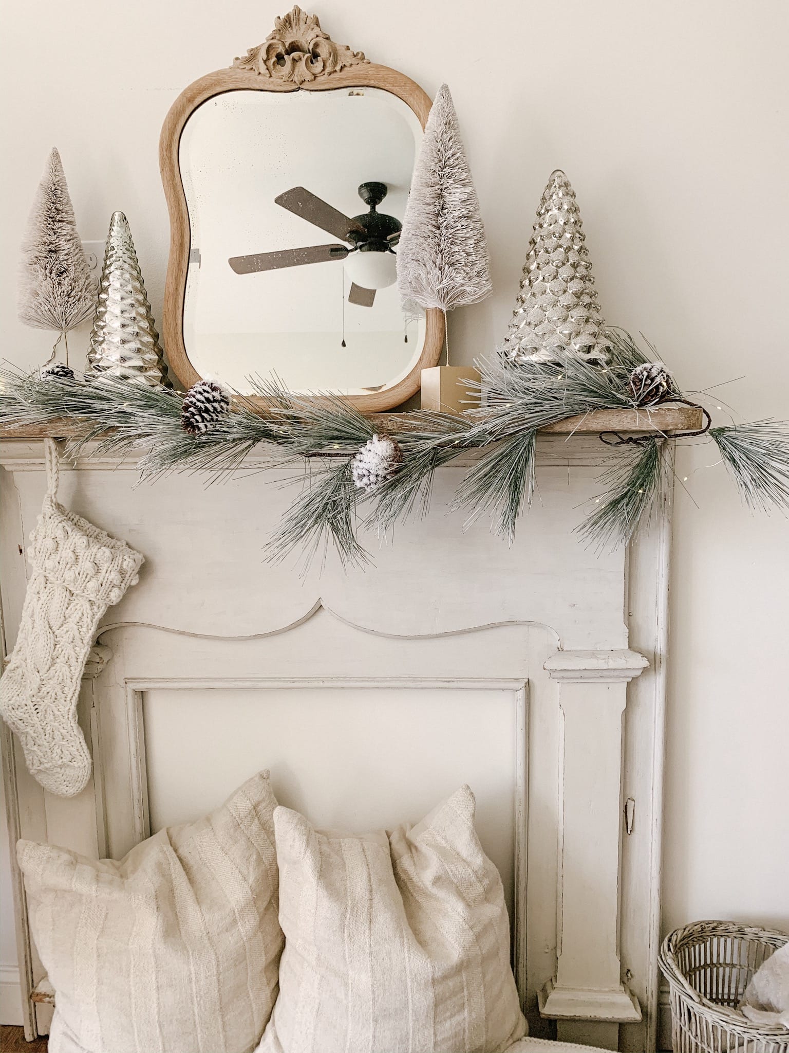 Antique Christmas Mantel with Flocked Pine Garland