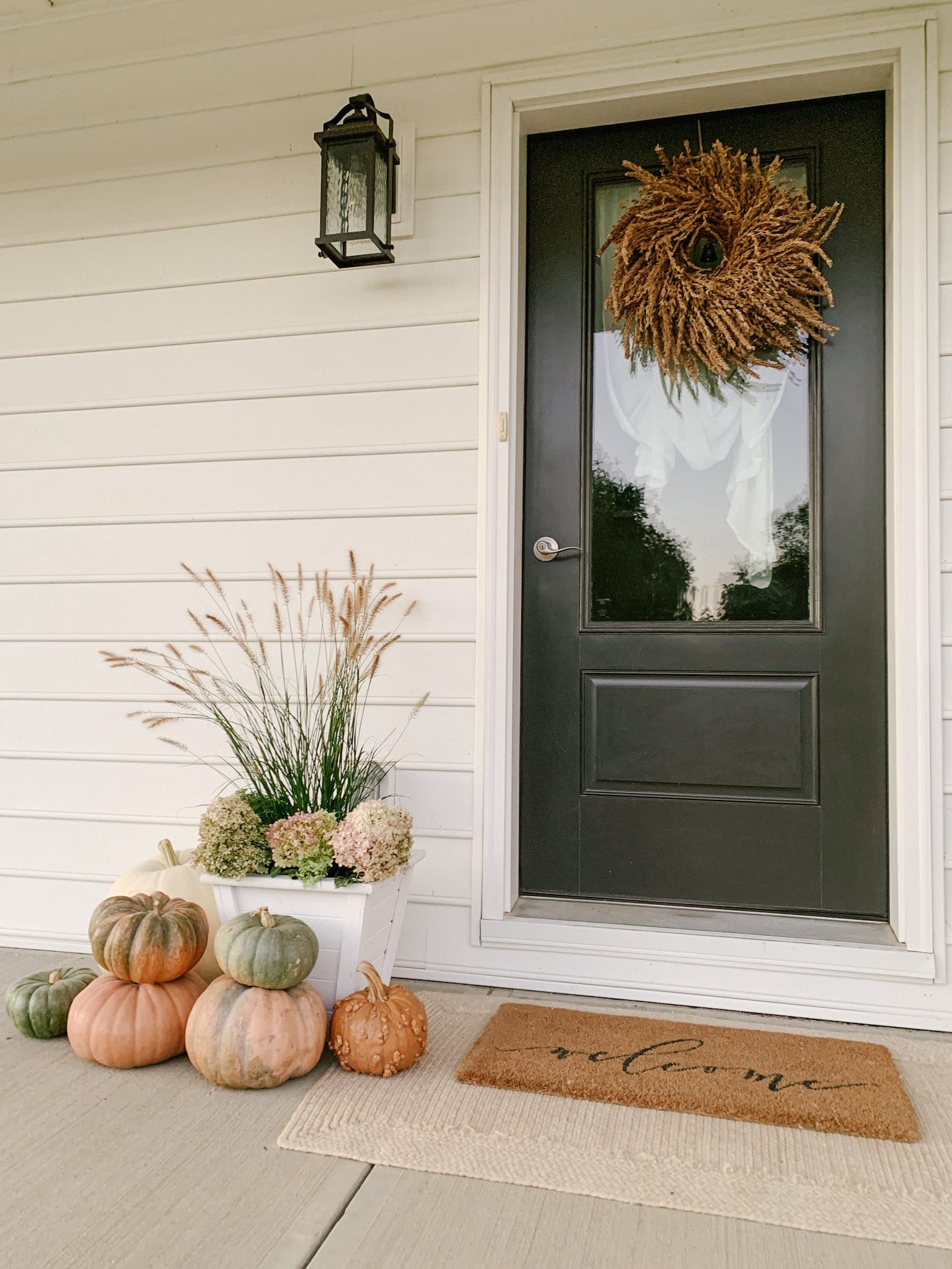 Fall Porch with Dried Hydrangeas and Grass - Sarah Jane Christy